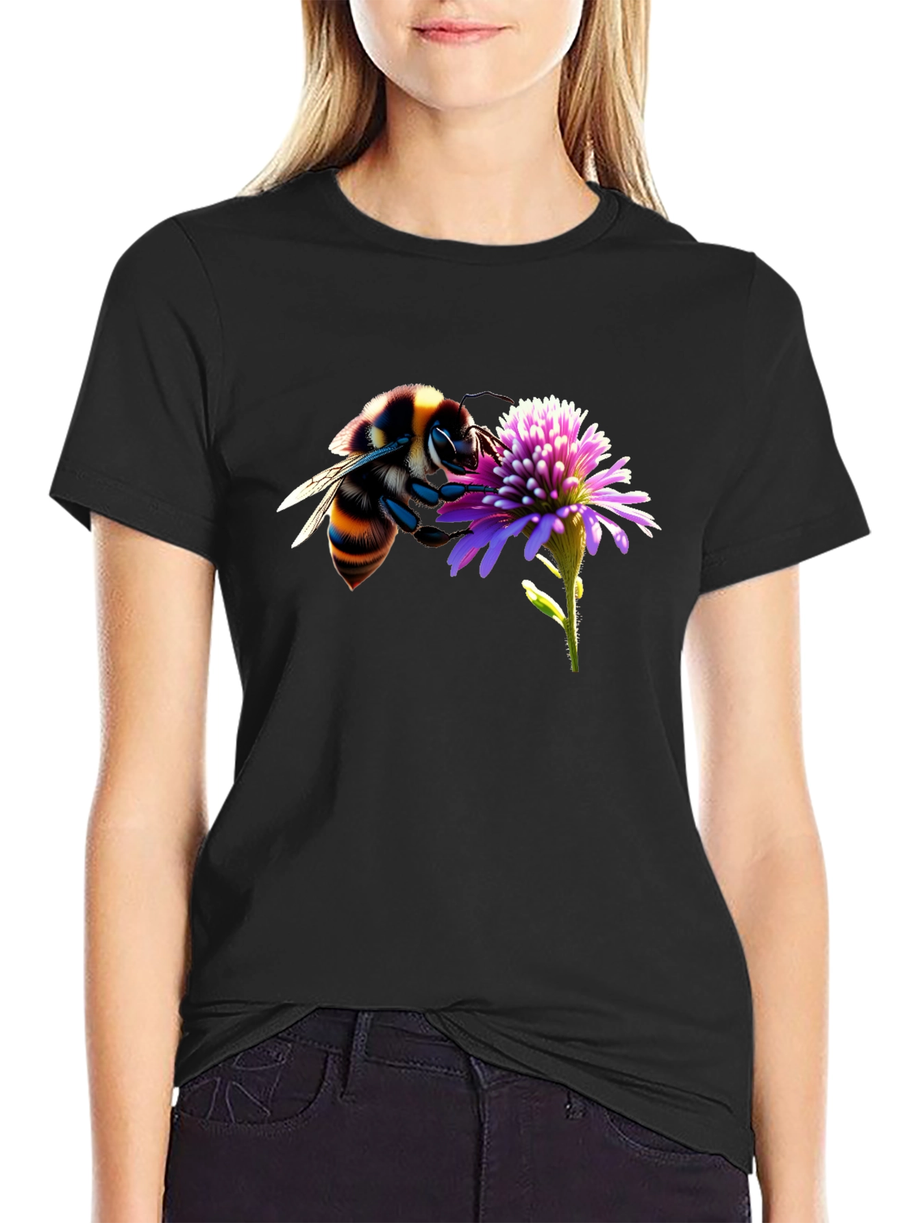 Bee on Flower Graphic Tee - Black Cotton T-Shirt
