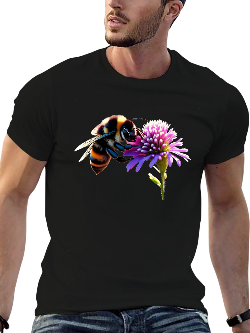 Bee on Flower Graphic Tee - Black Cotton T-Shirt