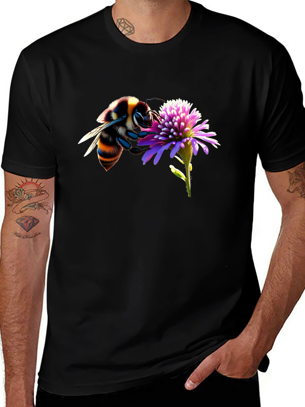 Bee on Flower Graphic Tee - Black Cotton T-Shirt