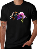 Bee on Flower Graphic Tee - Black Cotton T-Shirt
