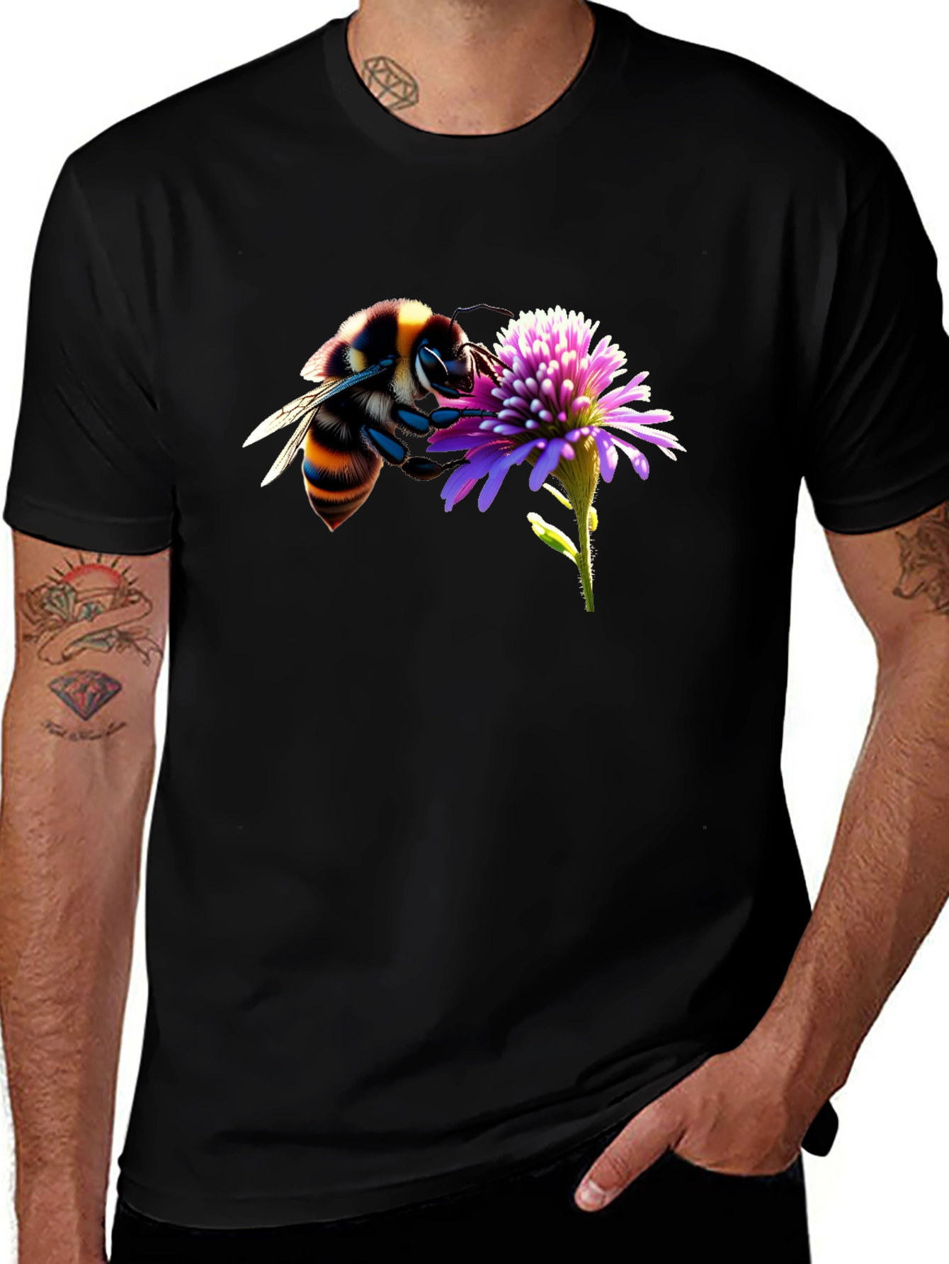 Bee on Flower Graphic Tee - Black Cotton T-Shirt