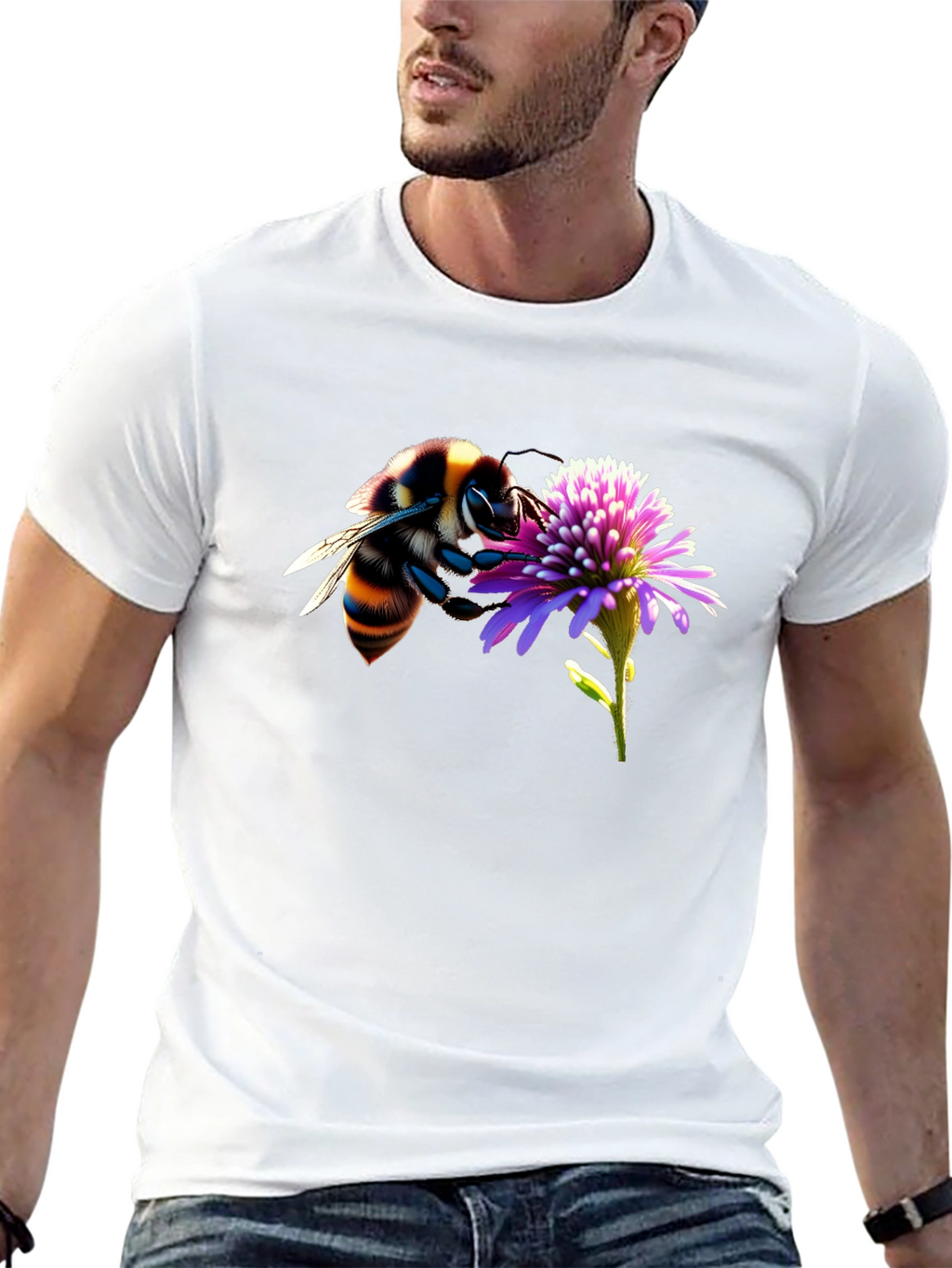Bee on Flower Graphic Tee - Black Cotton T-Shirt