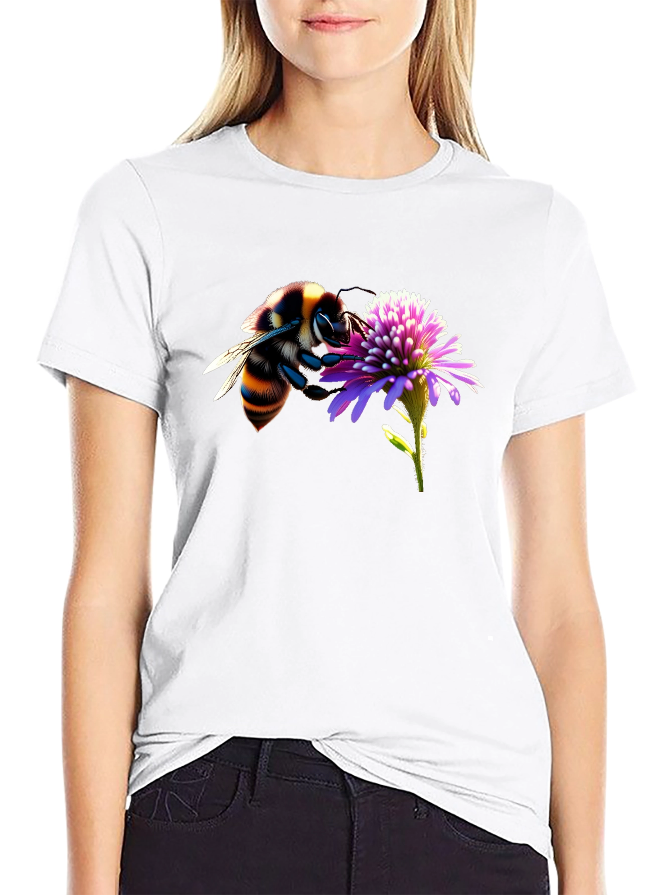 Bee on Flower Graphic Tee - Black Cotton T-Shirt