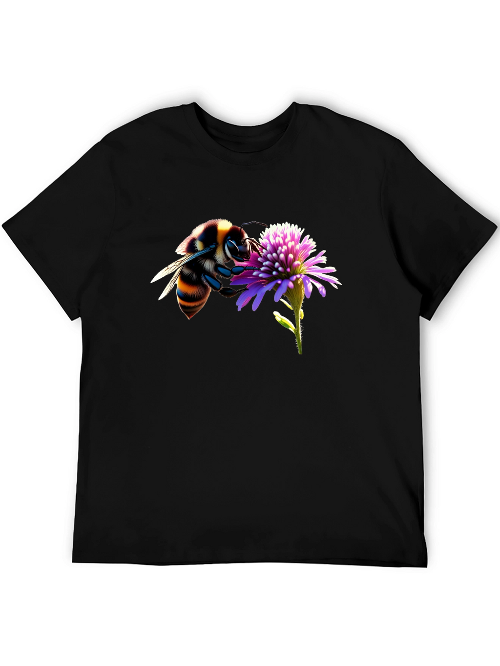 Bee on Flower Graphic Tee - Black Cotton T-Shirt