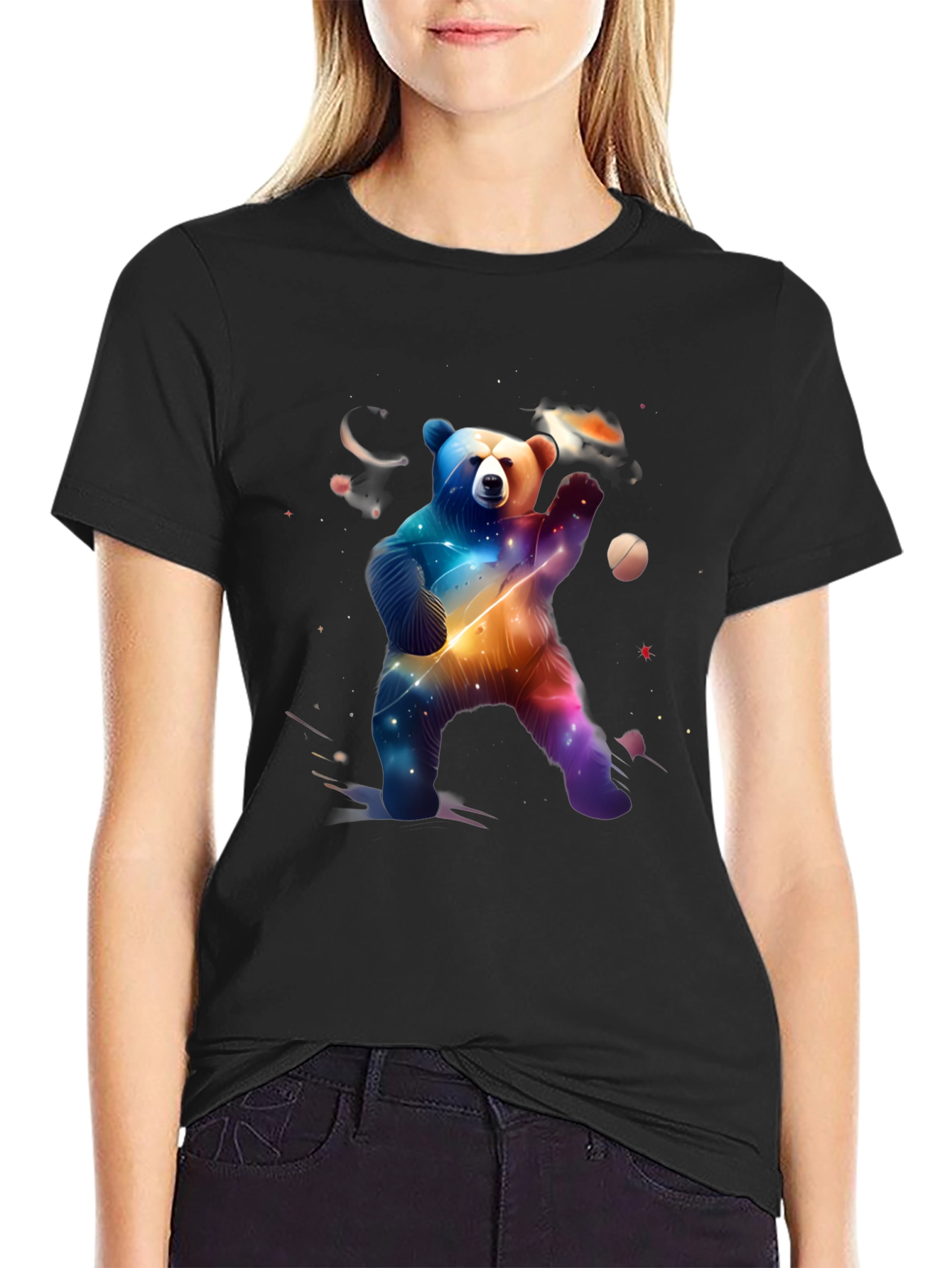 Cosmic Bear Graphic Tee - Black Cotton Blend