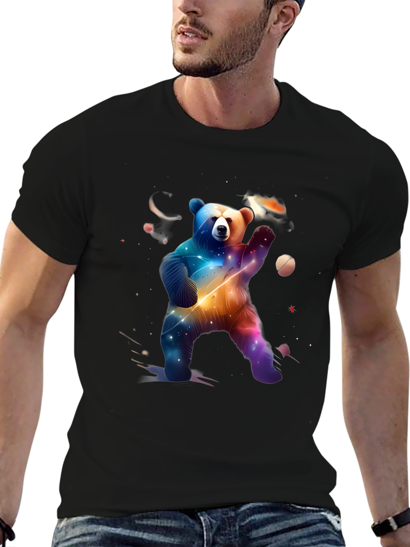 Cosmic Bear Graphic Tee - Black Cotton Blend