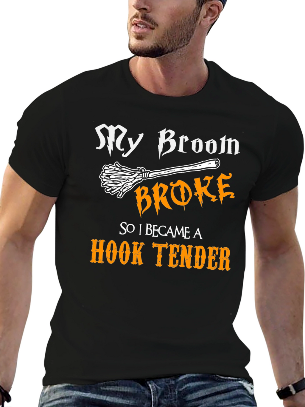 My Broom Broke Hook Tender T-Shirt Funny Halloween Tee