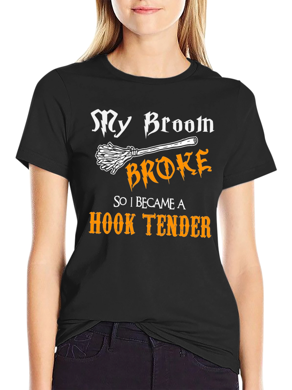 My Broom Broke Hook Tender T-Shirt Funny Halloween Tee