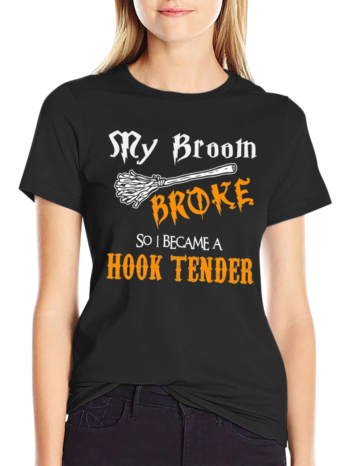 My Broom Broke Hook Tender T-Shirt Funny Halloween Tee