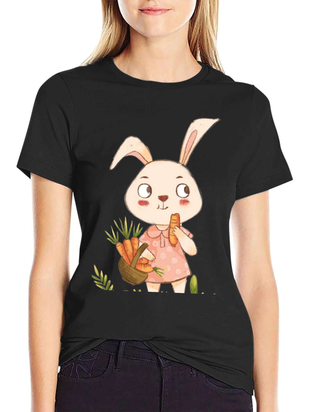Cute Bunny & Carrot Black T-Shirt
