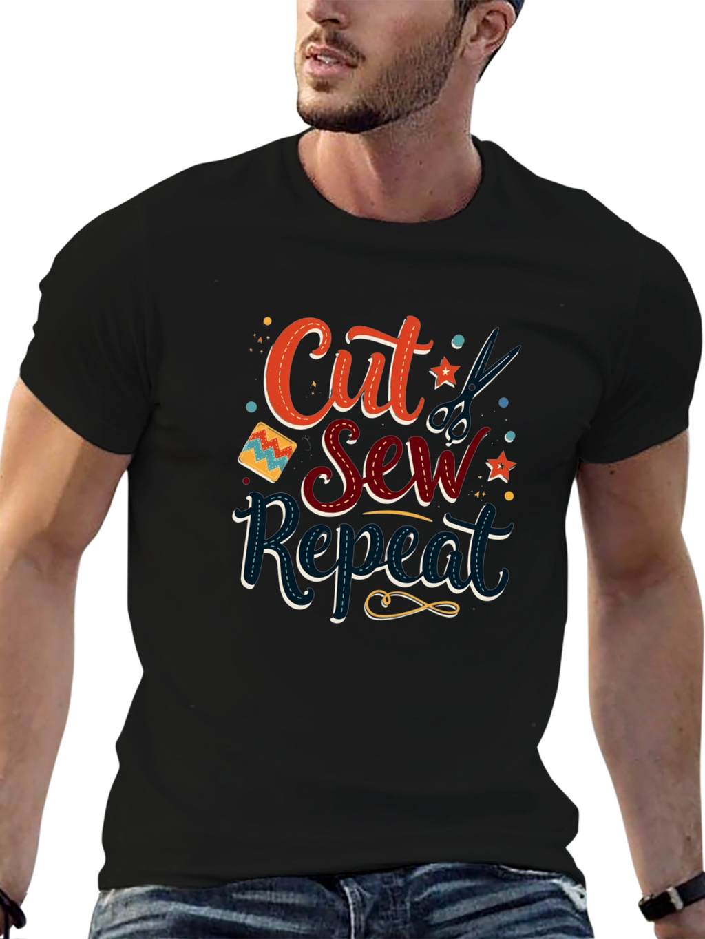 Cut Sew Repeat Black T-Shirt - Sewing Lover Gift