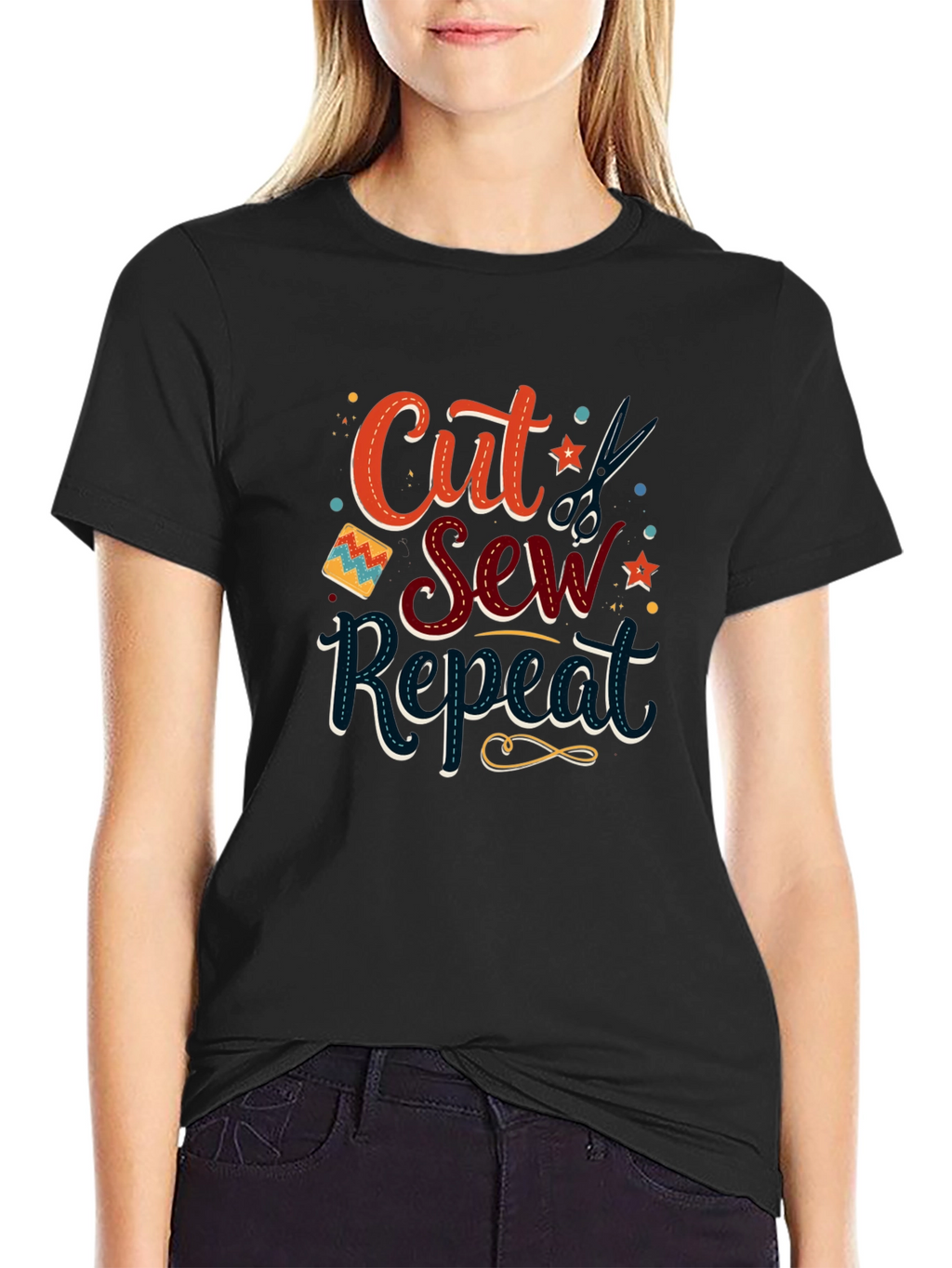 Cut Sew Repeat Black T-Shirt - Sewing Lover Gift