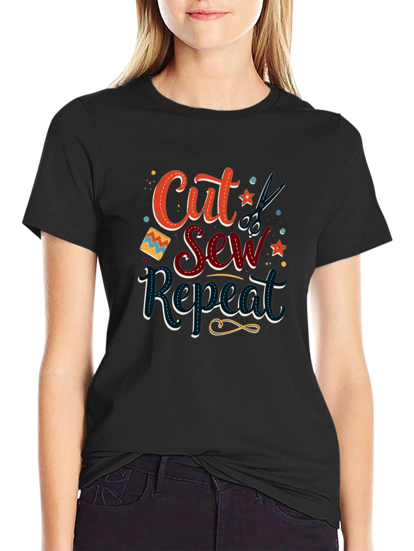 Cut Sew Repeat Black T-Shirt - Sewing Lover Gift
