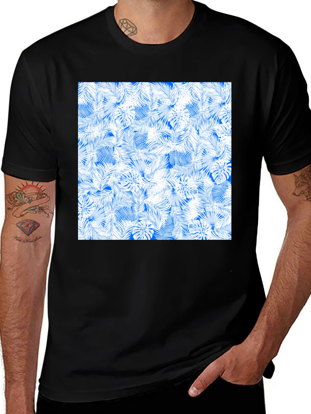 Tropical Leaves Pattern Black T-Shirt