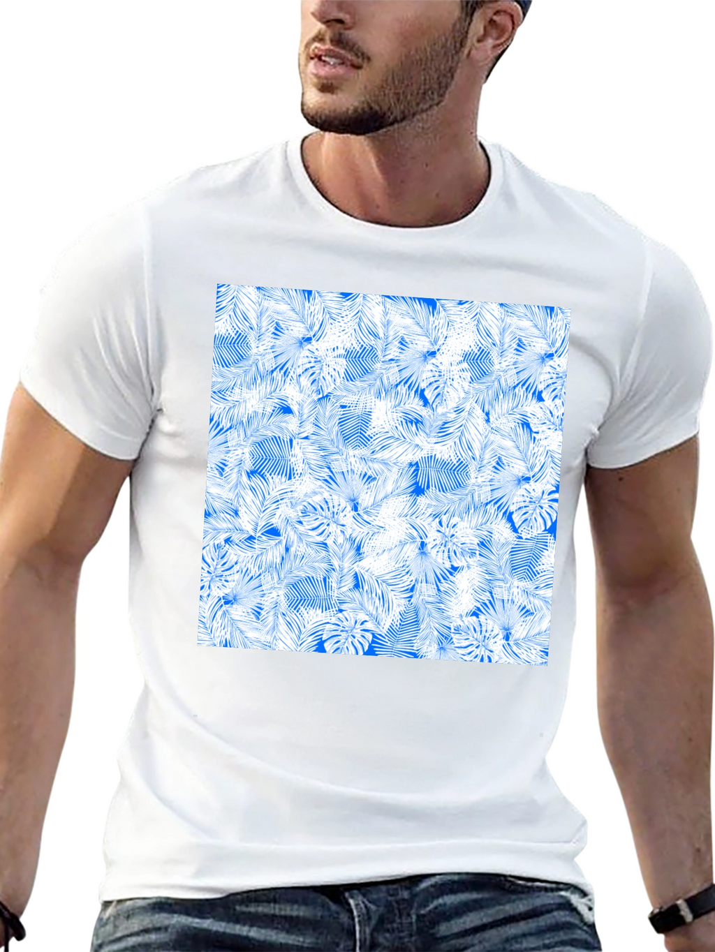 Tropical Leaves Pattern Black T-Shirt