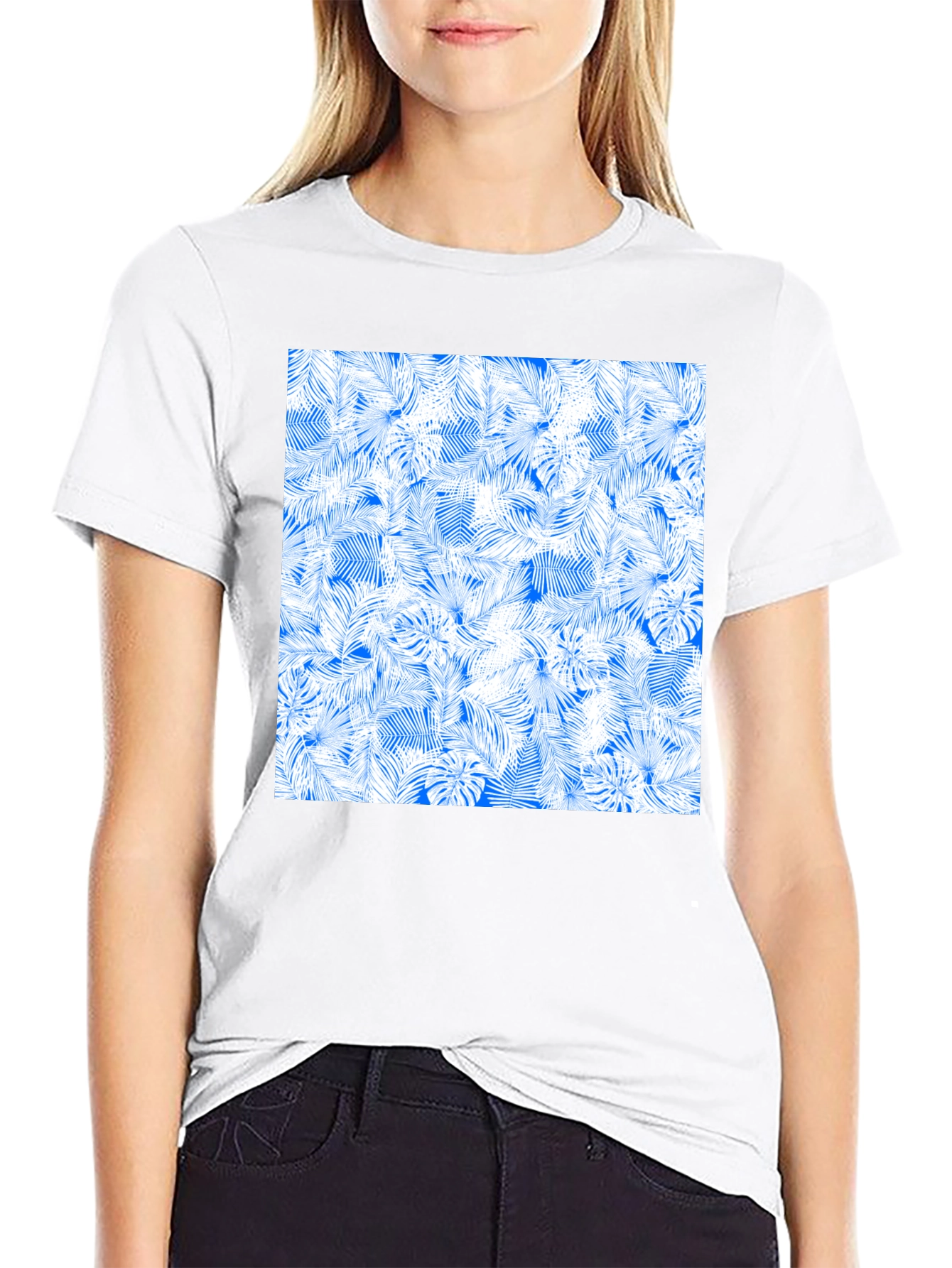 Tropical Leaves Pattern Black T-Shirt