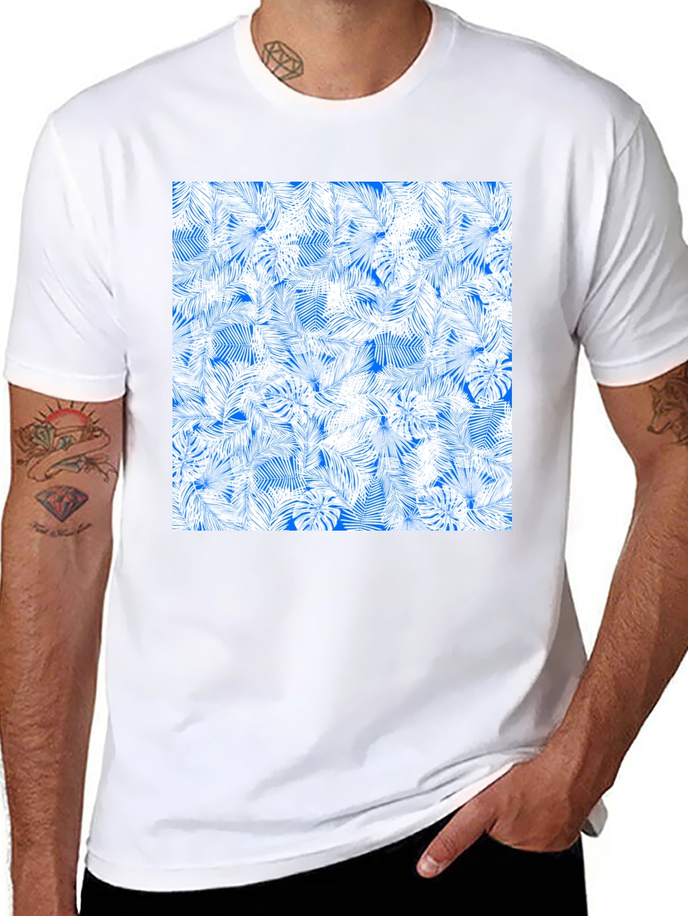 Tropical Leaves Pattern Black T-Shirt