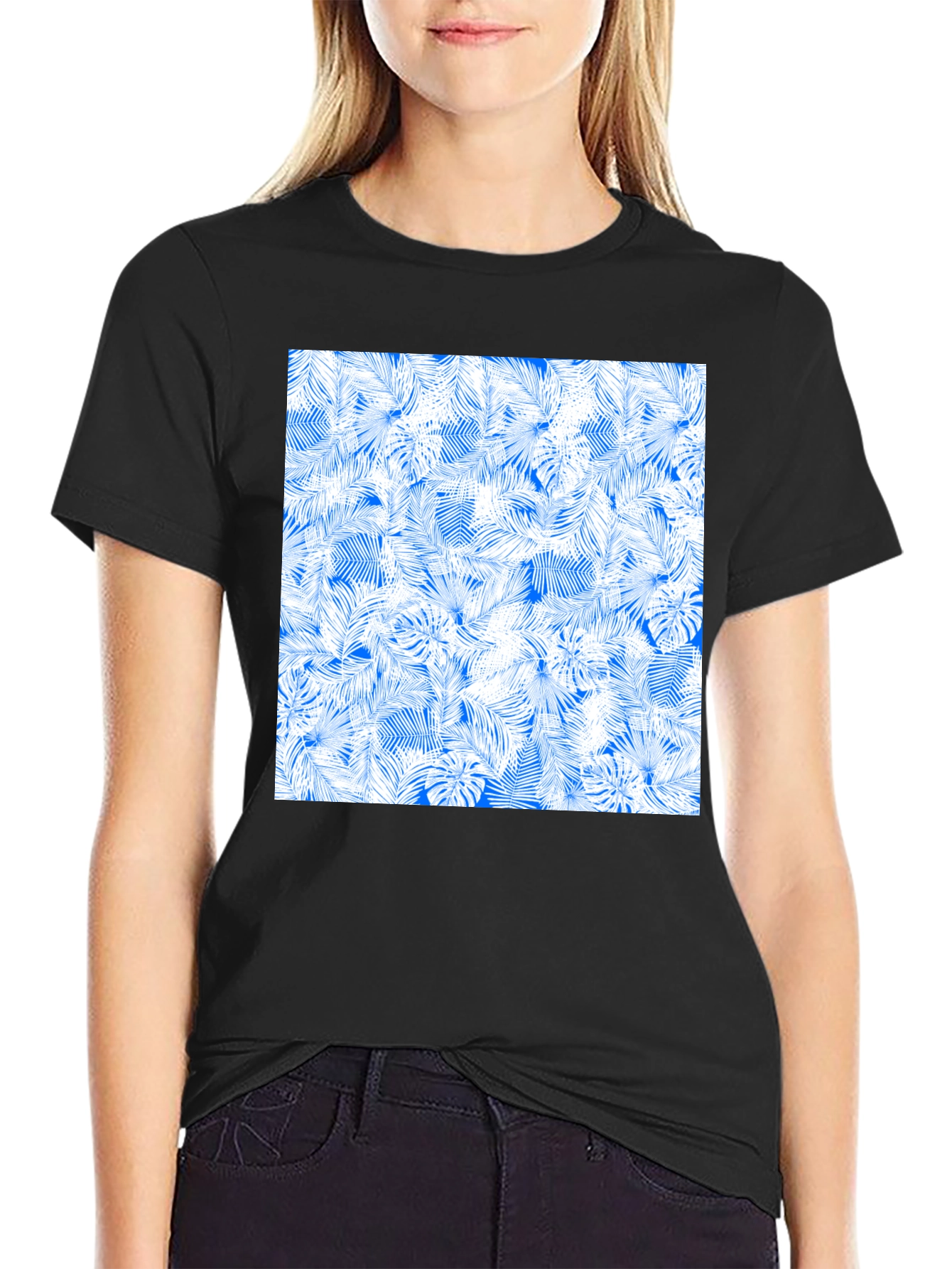 Tropical Leaves Pattern Black T-Shirt