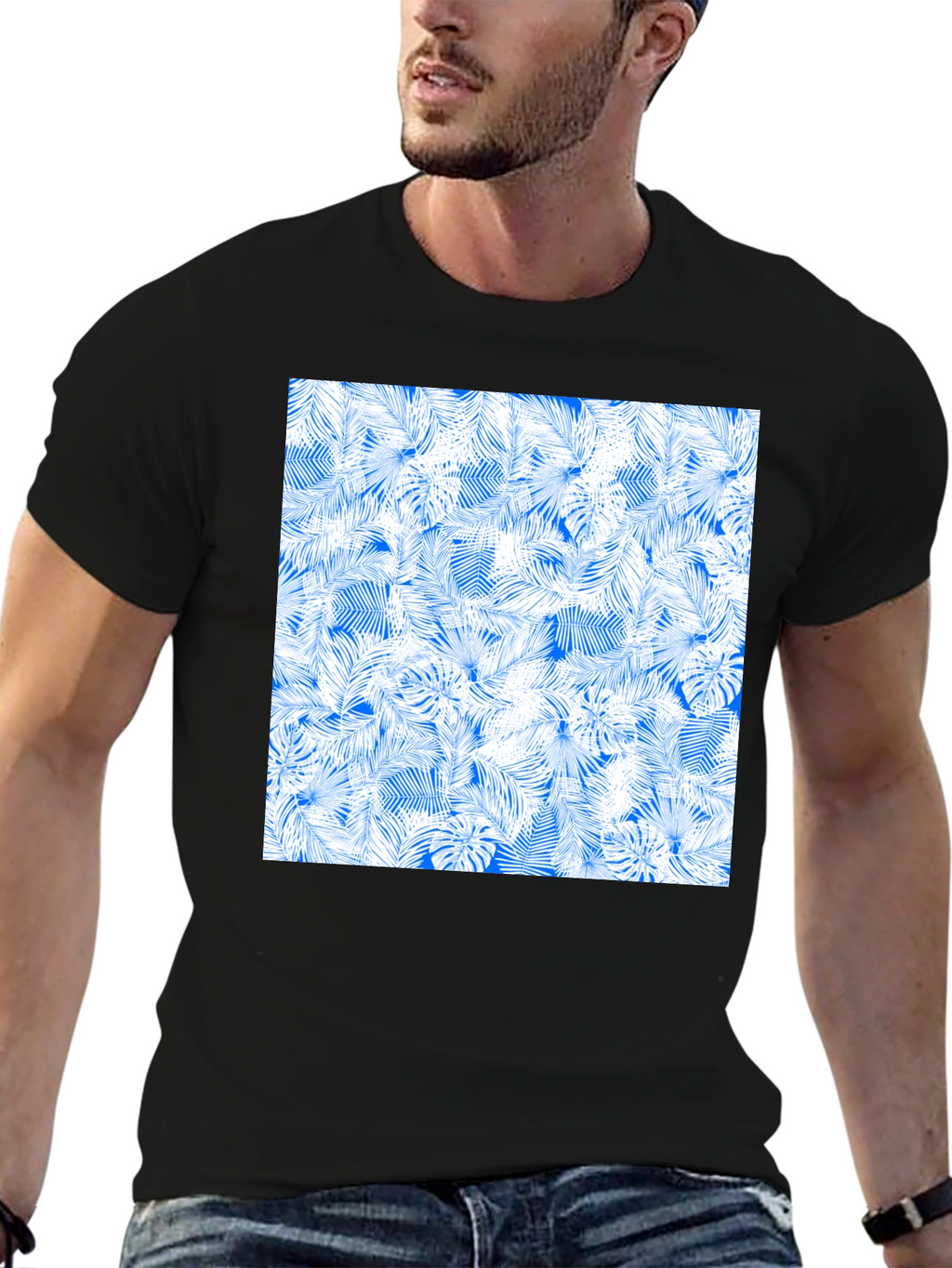Tropical Leaves Pattern Black T-Shirt