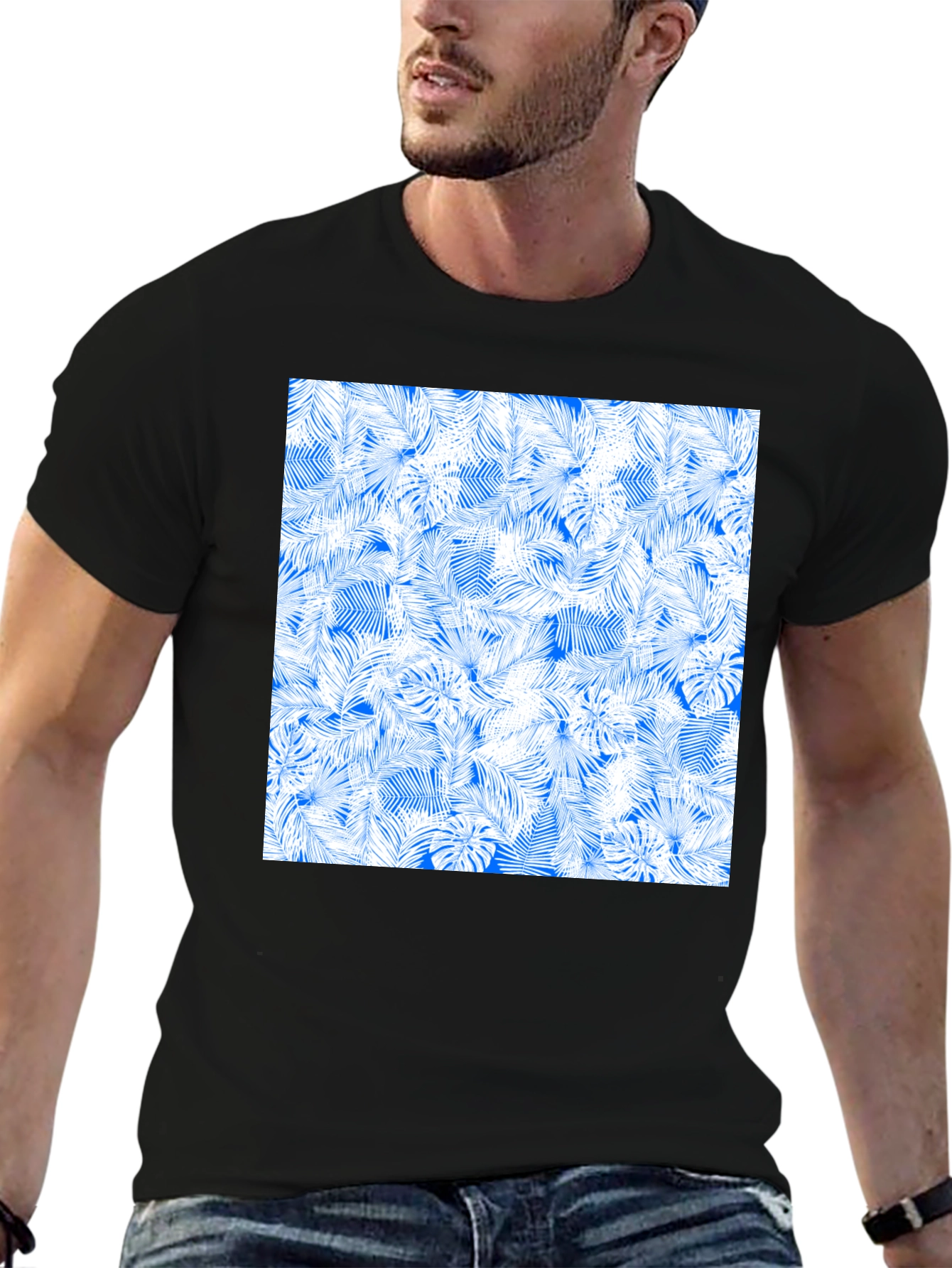 Tropical Leaves Pattern Black T-Shirt