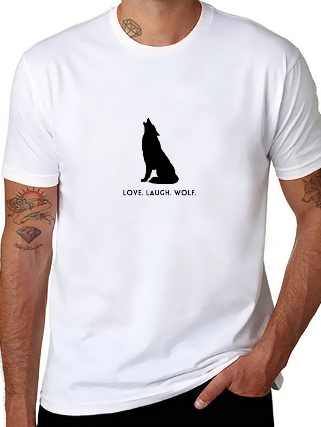 Love Laugh Wolf Black Graphic T-Shirt
