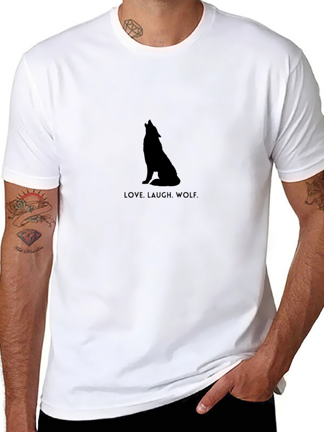 Love Laugh Wolf Black Graphic T-Shirt