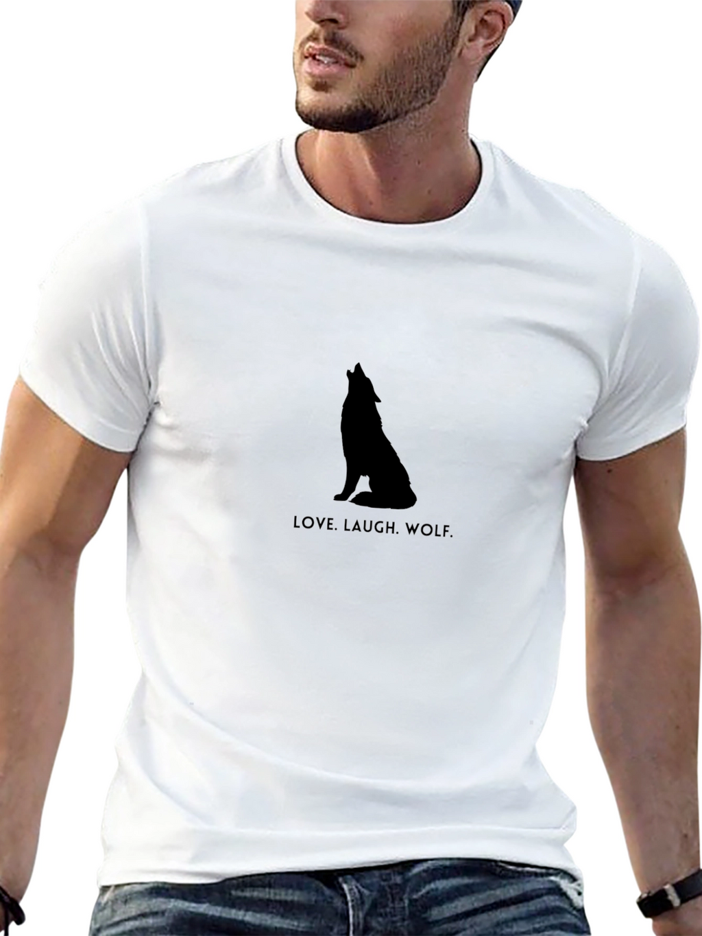 Love Laugh Wolf Black Graphic T-Shirt