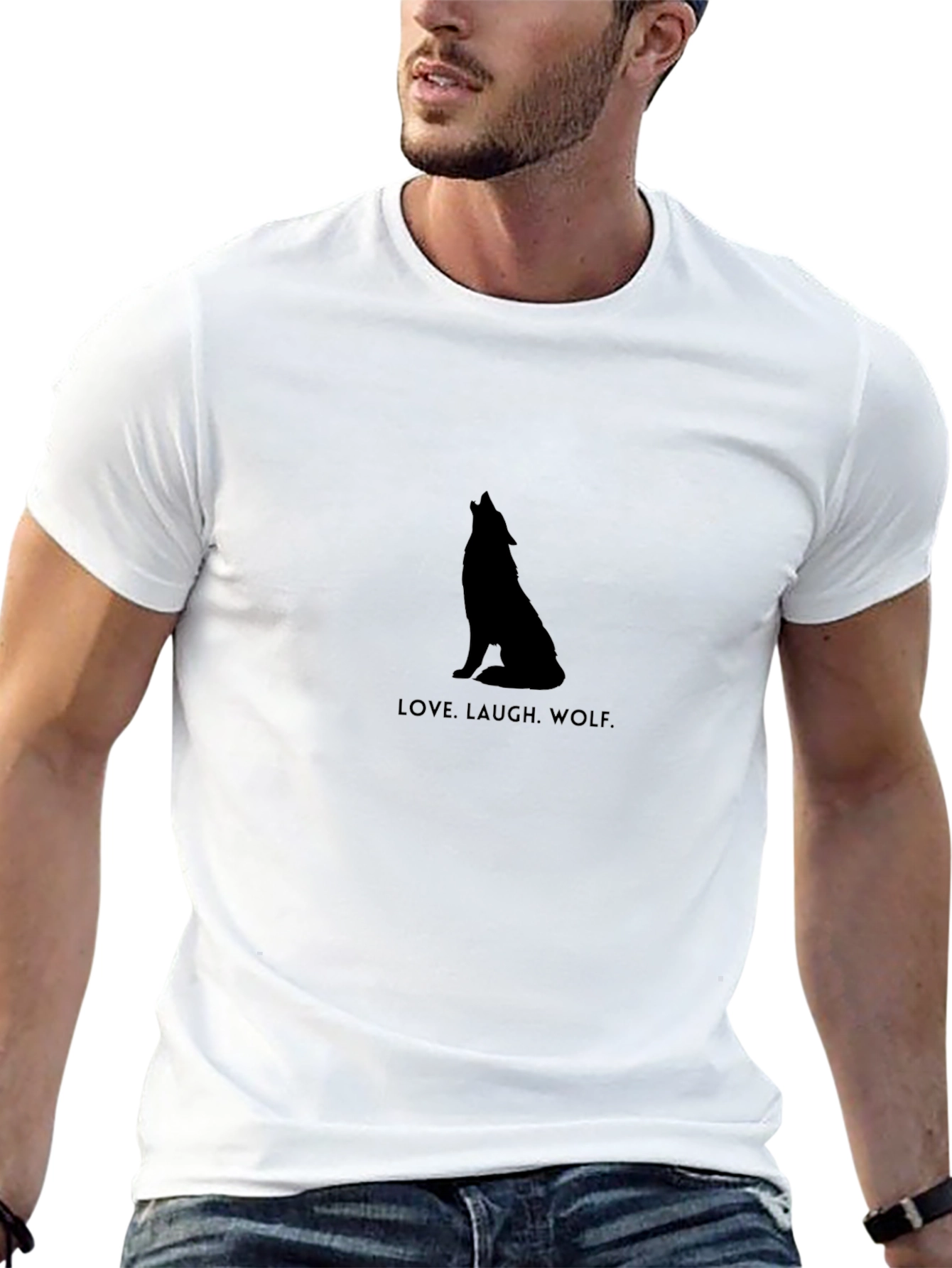 Love Laugh Wolf Black Graphic T-Shirt