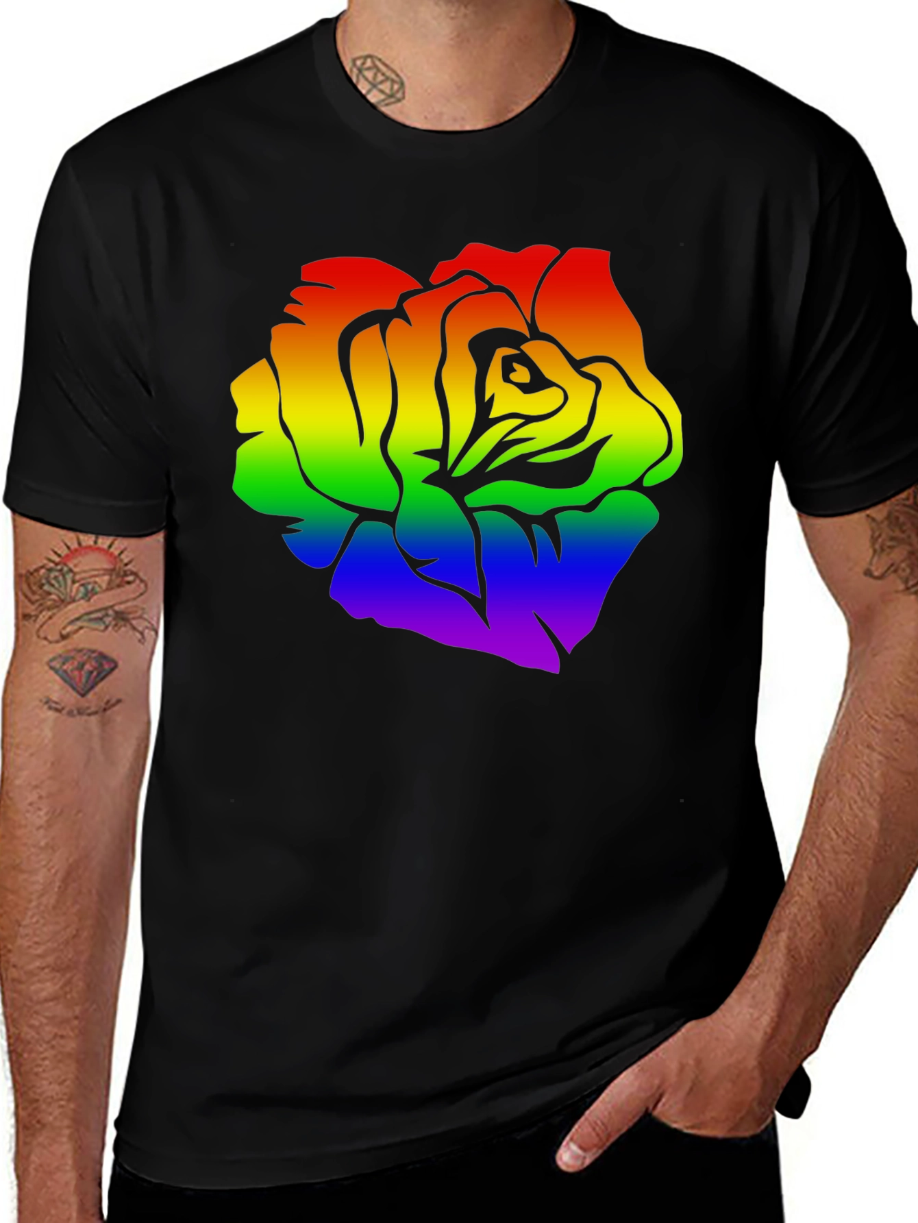 Rainbow Rose Graphic Black T-Shirt