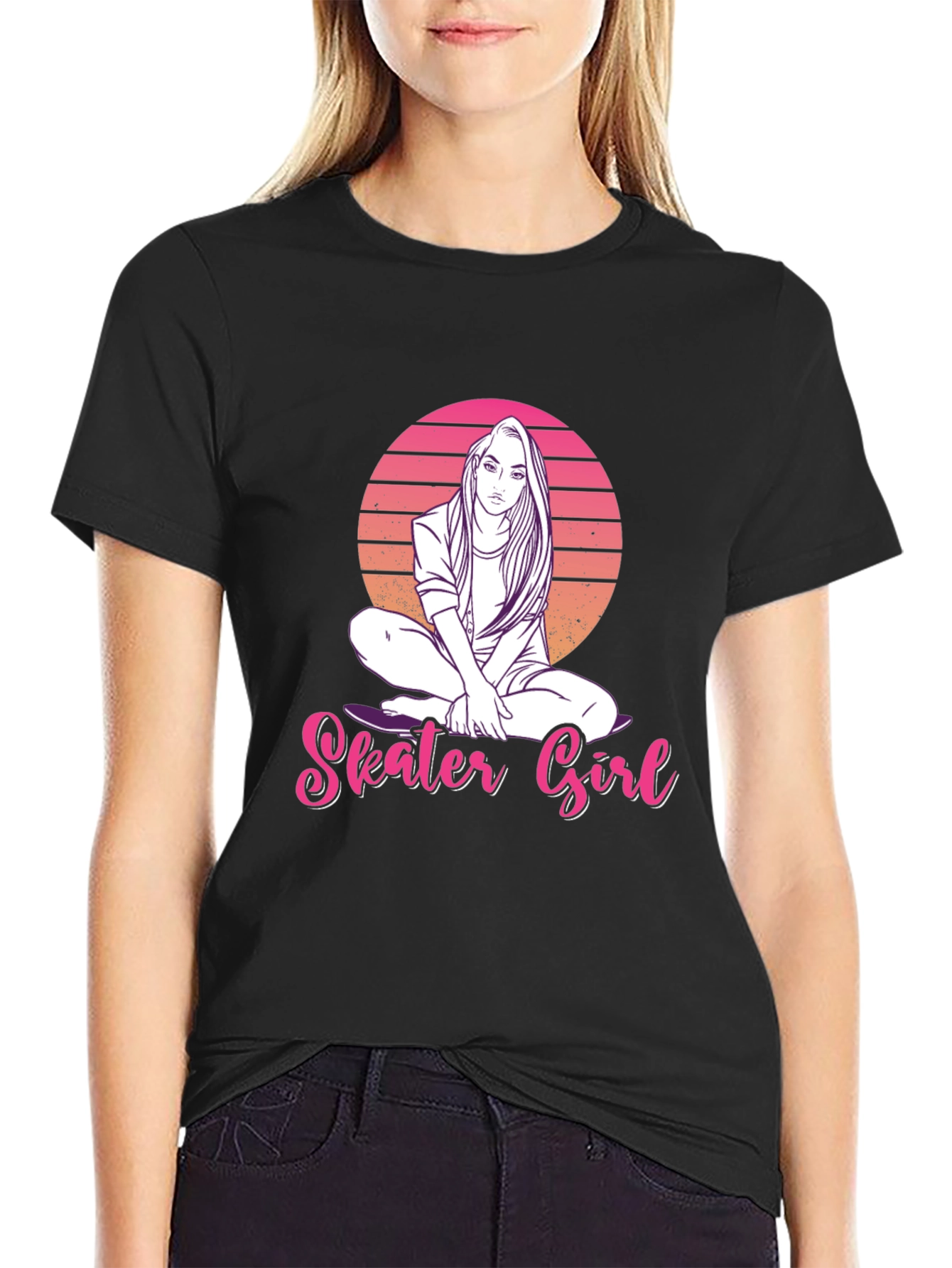 Skater Girl Graphic Tee - Retro Sunset Design