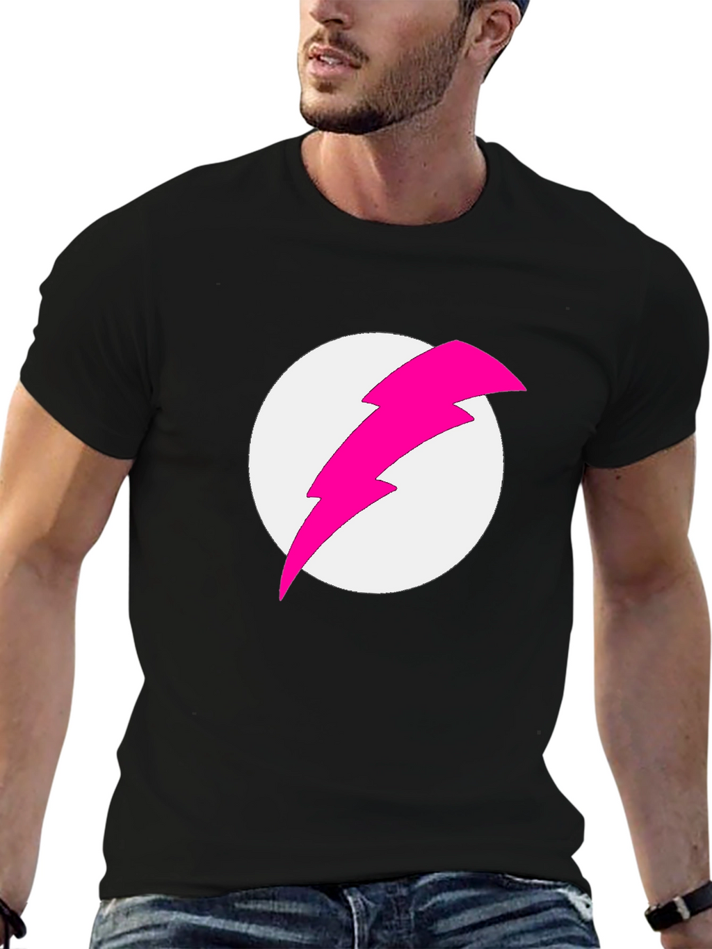 Black T-Shirt with Pink Lightning Bolt Graphic