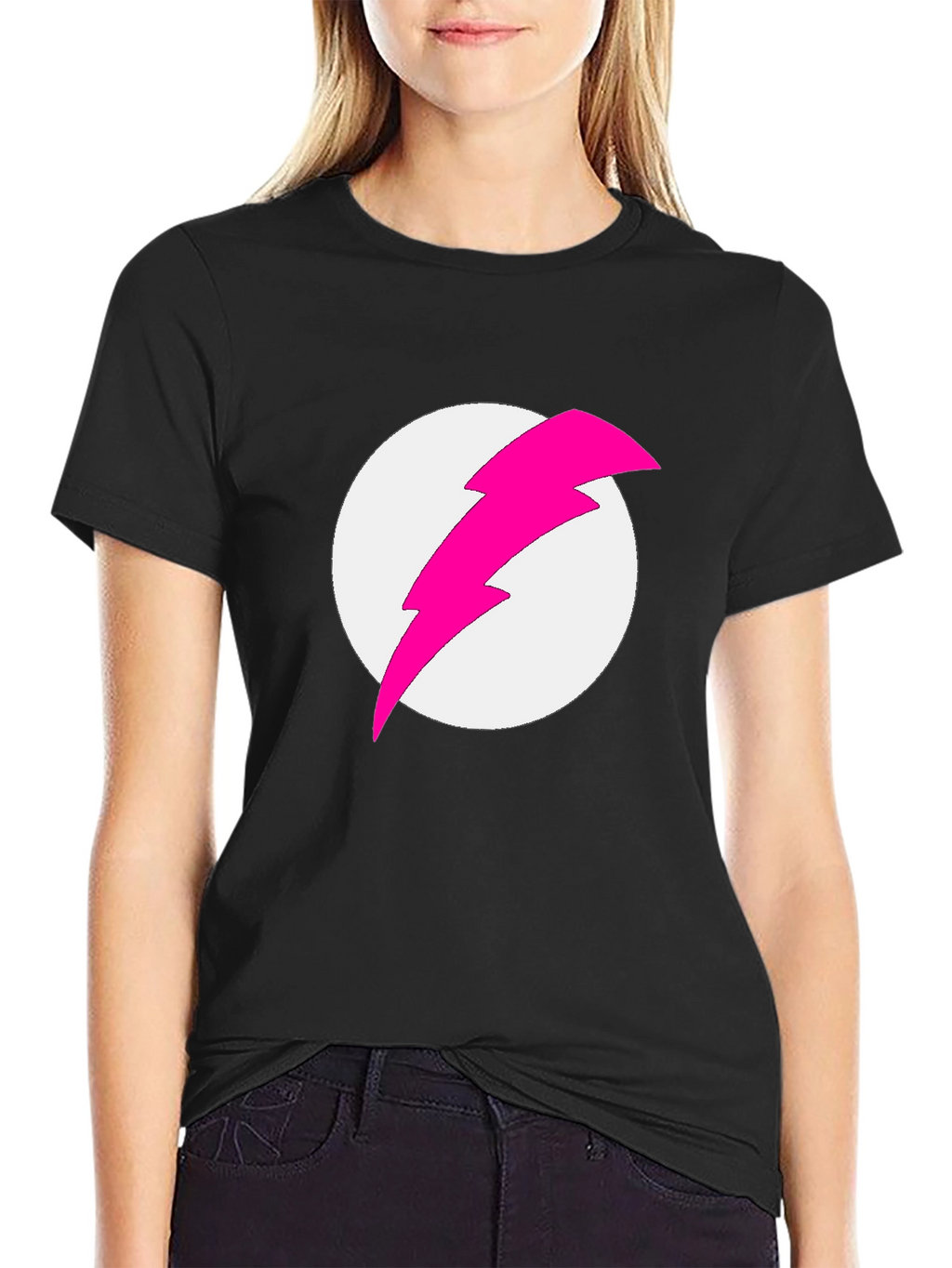 Black T-Shirt with Pink Lightning Bolt Graphic