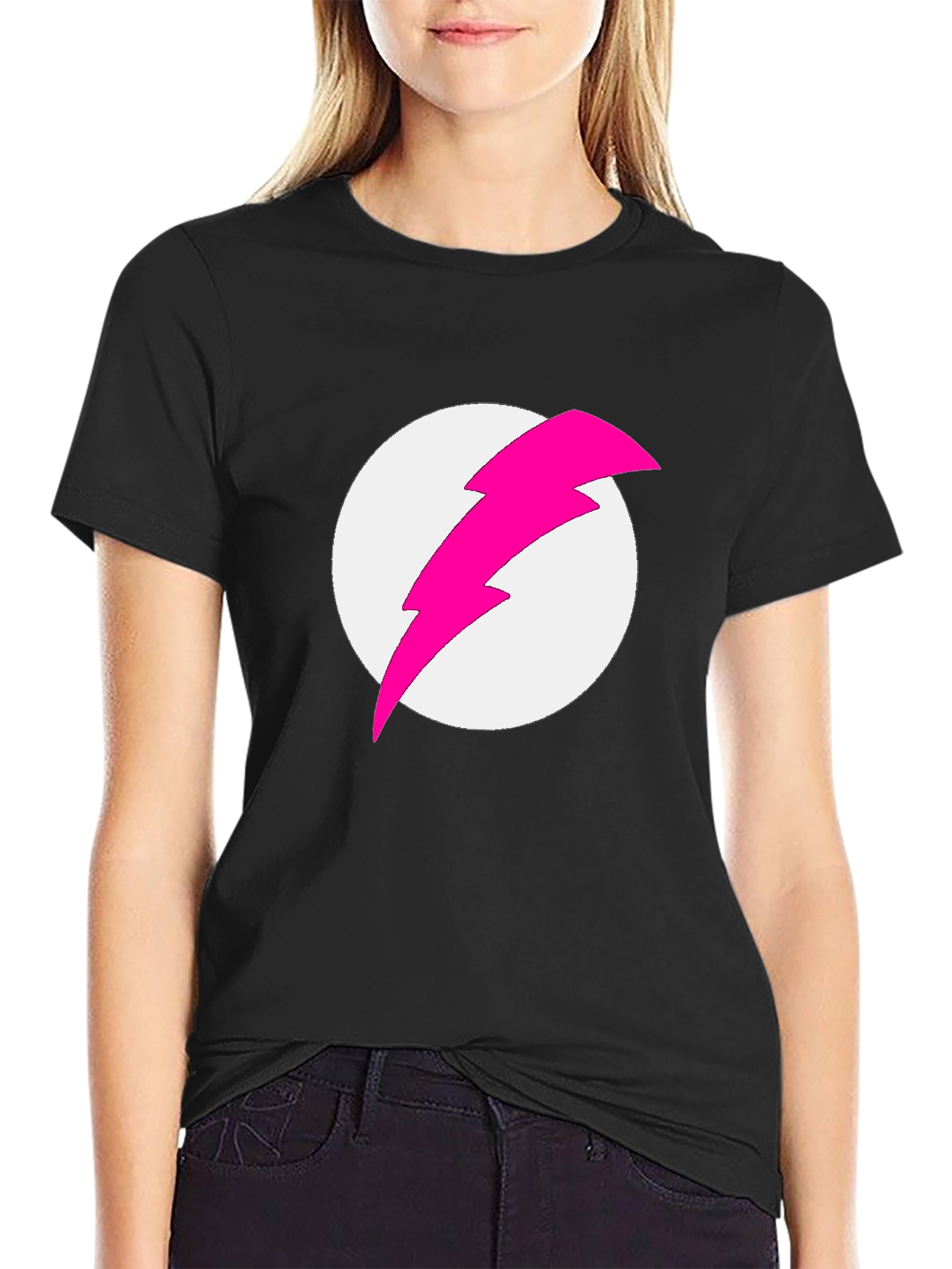 Black T-Shirt with Pink Lightning Bolt Graphic