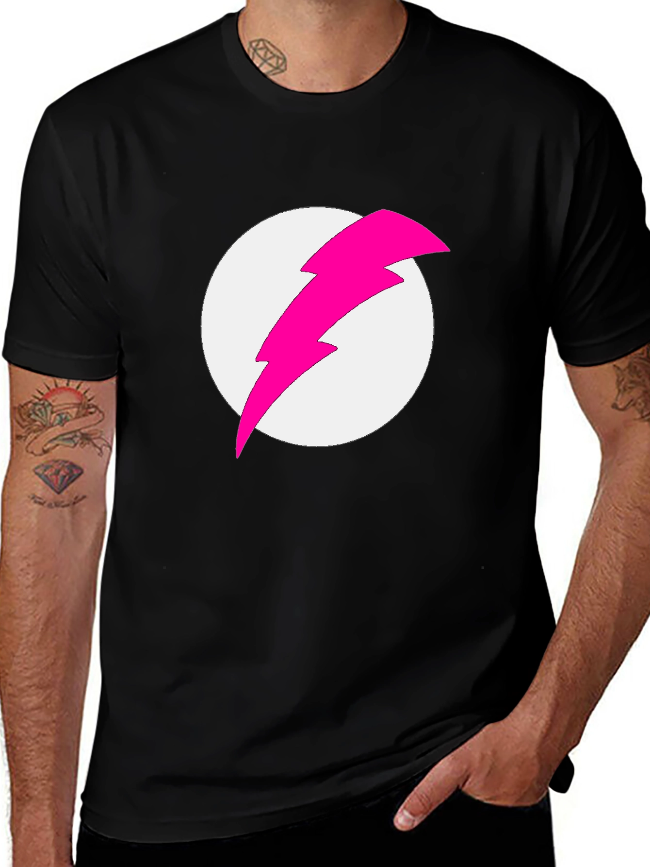 Black T-Shirt with Pink Lightning Bolt Graphic