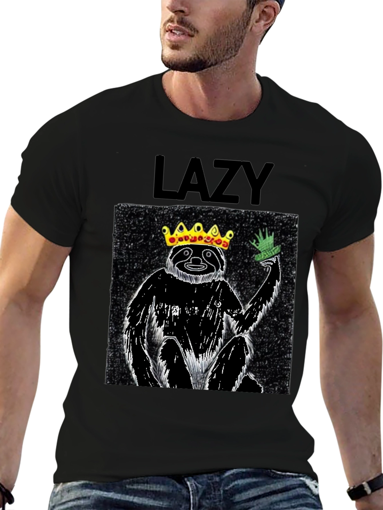 Lazy King Sloth Graphic Tee - Black Cotton T-Shirt