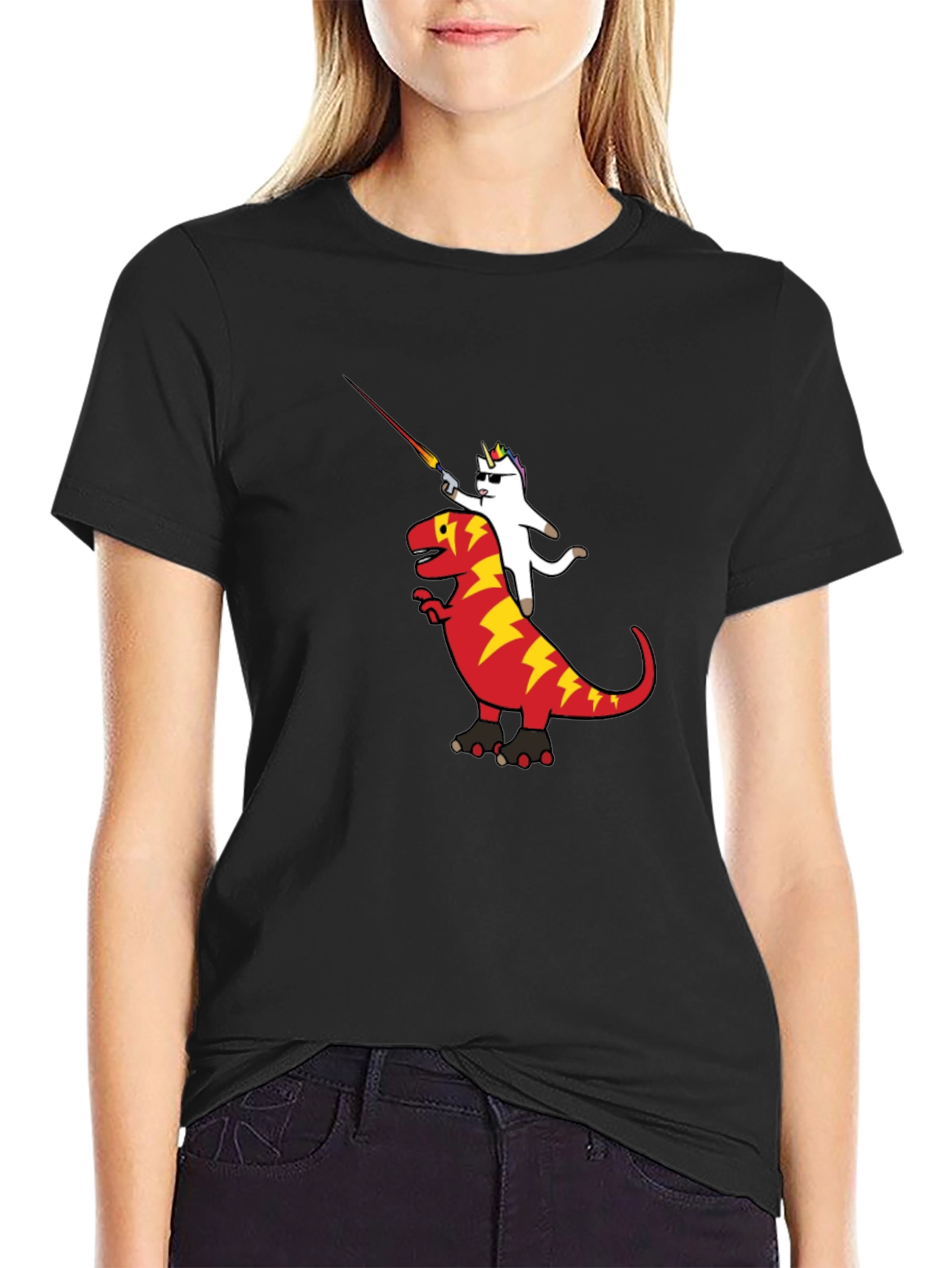 Unicorn Riding Dinosaur Graphic T-Shirt