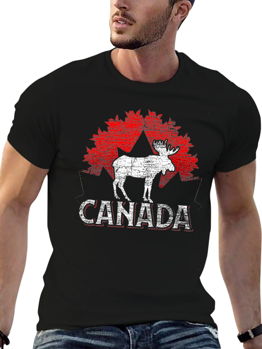 Canada Moose T-Shirt - Distressed Maple Leaf Design
