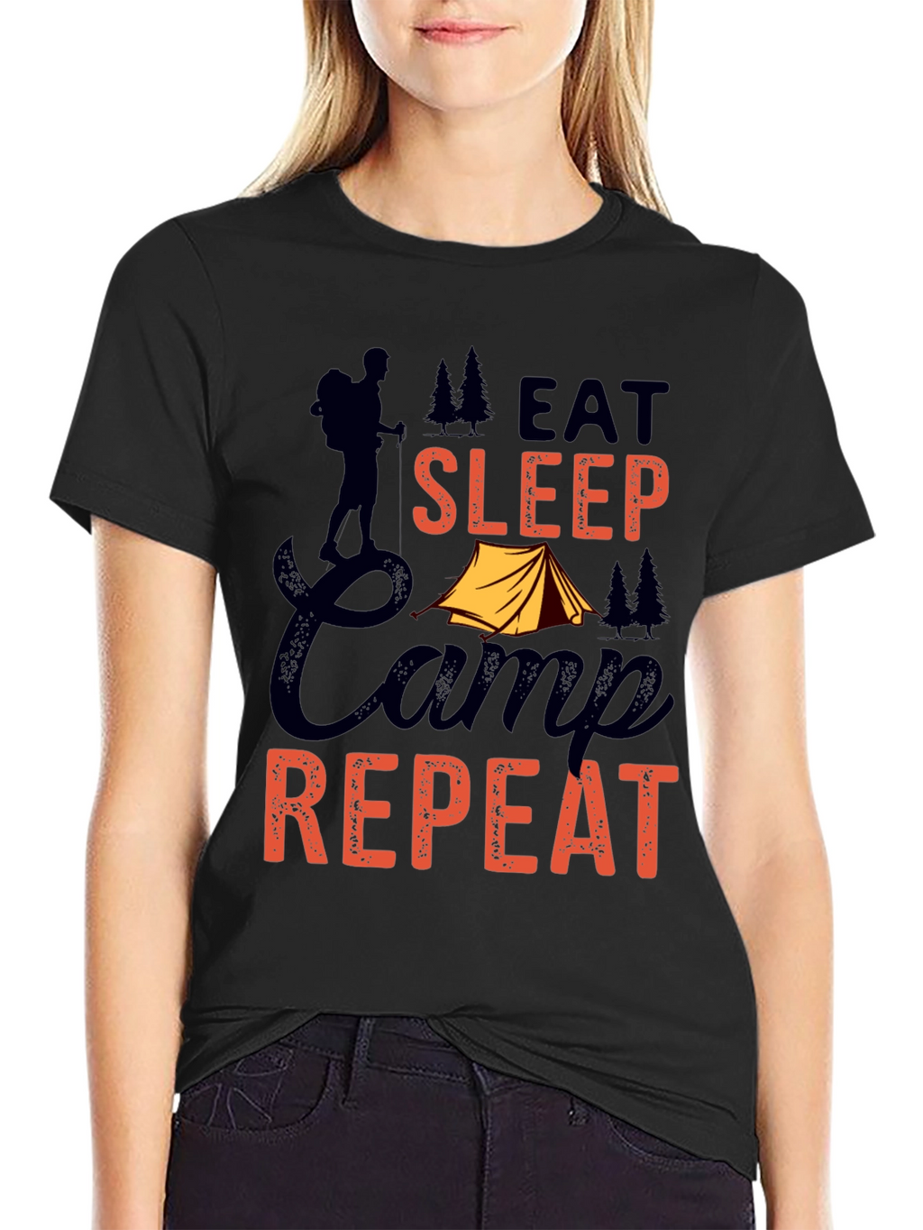 Eat Sleep Camp Repeat Graphic Tee - Black