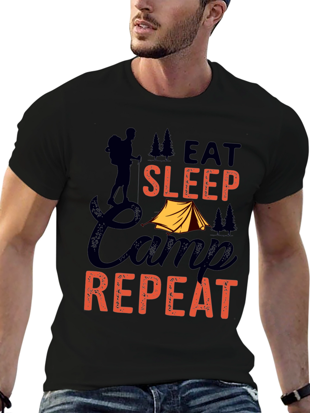 Eat Sleep Camp Repeat Graphic Tee - Black