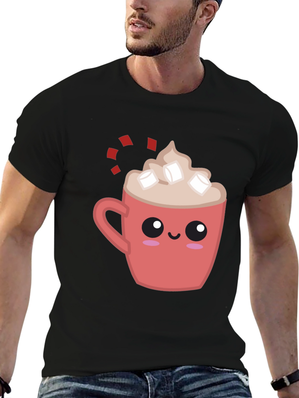 Cute Cocoa Mug Graphic Tee - Soft Black Shirt