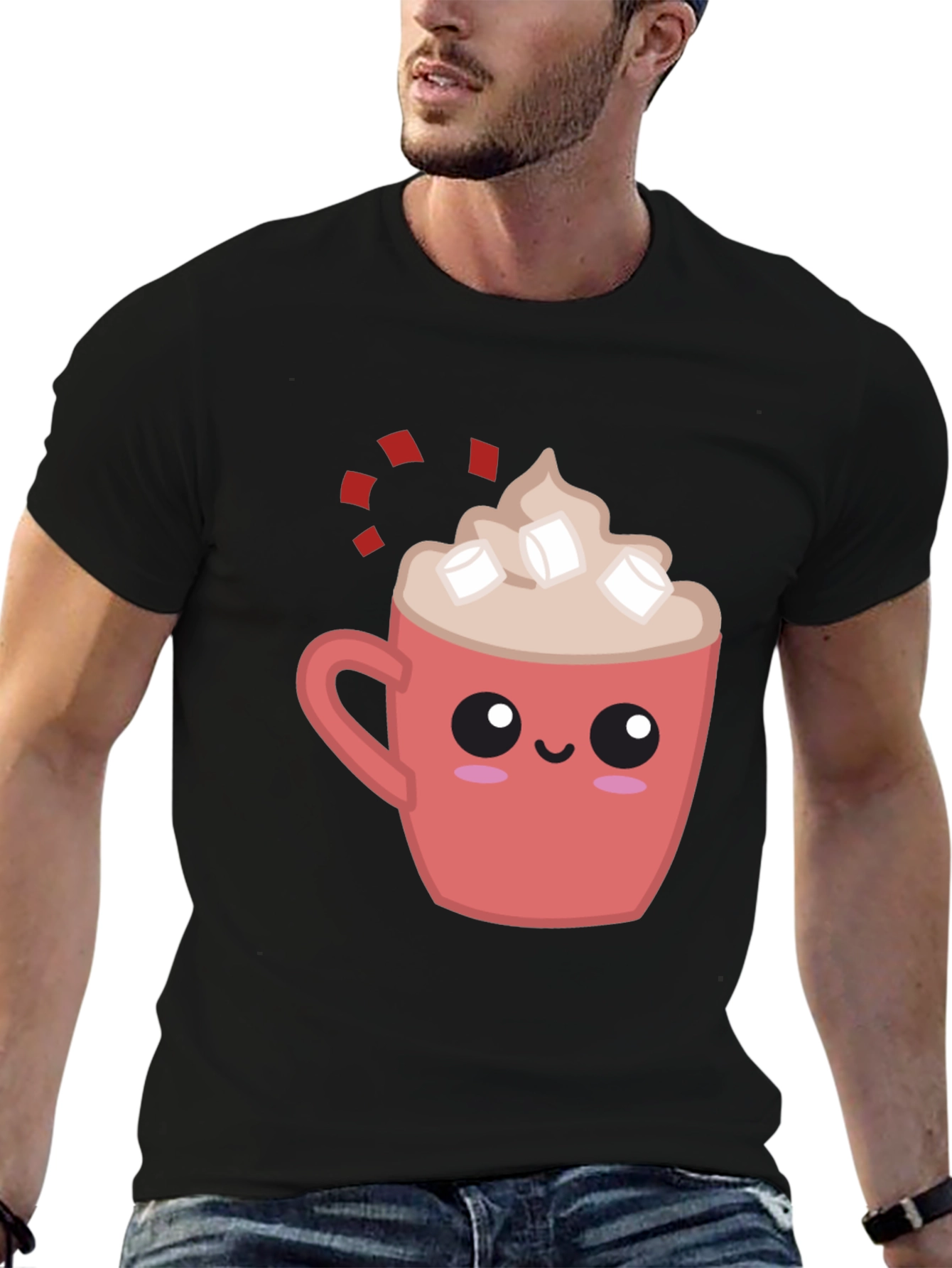 Cute Cocoa Mug Graphic Tee - Soft Black Shirt