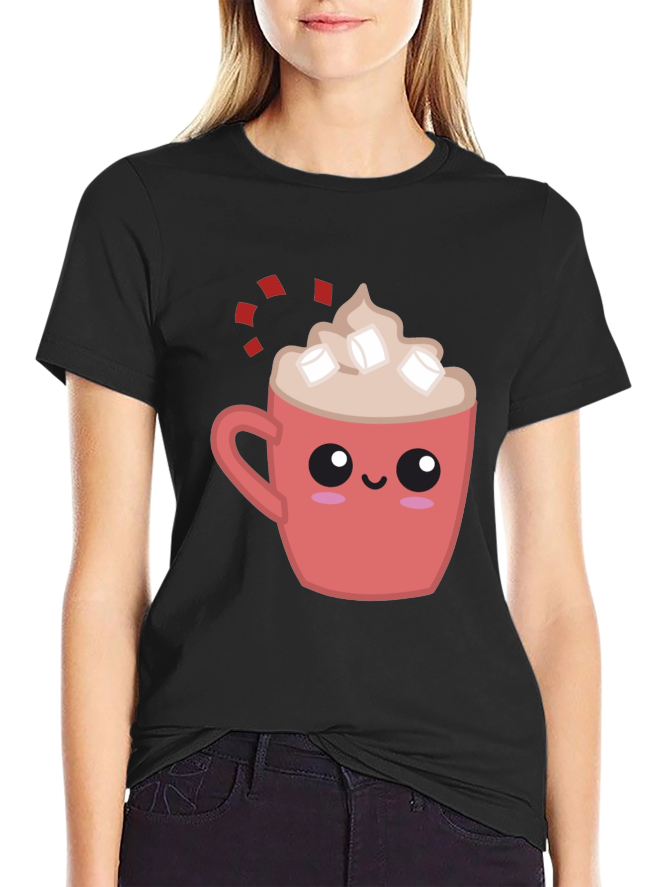 Cute Cocoa Mug Graphic Tee - Soft Black Shirt