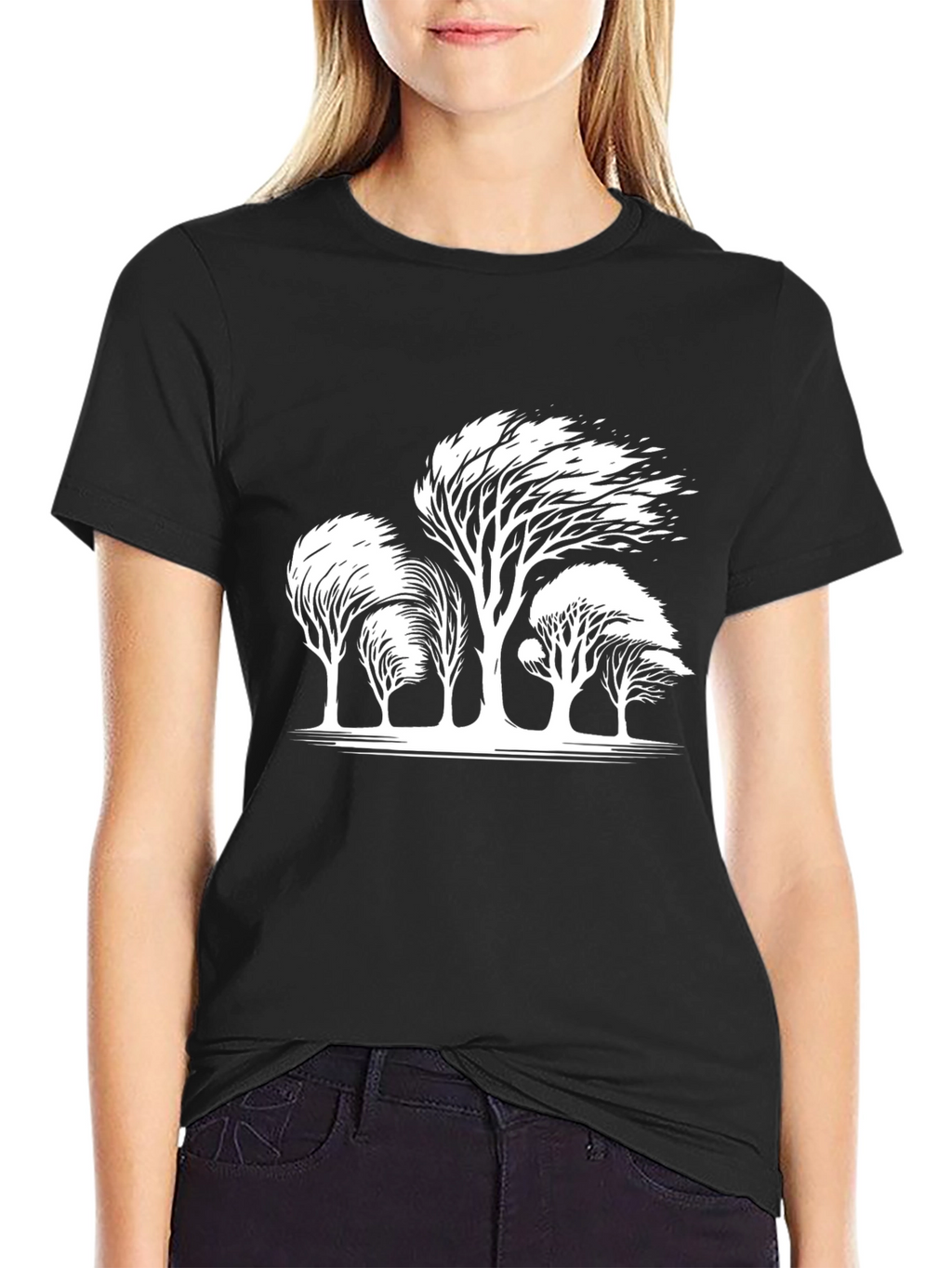 Windblown Trees Graphic Tee - Black Cotton Blend