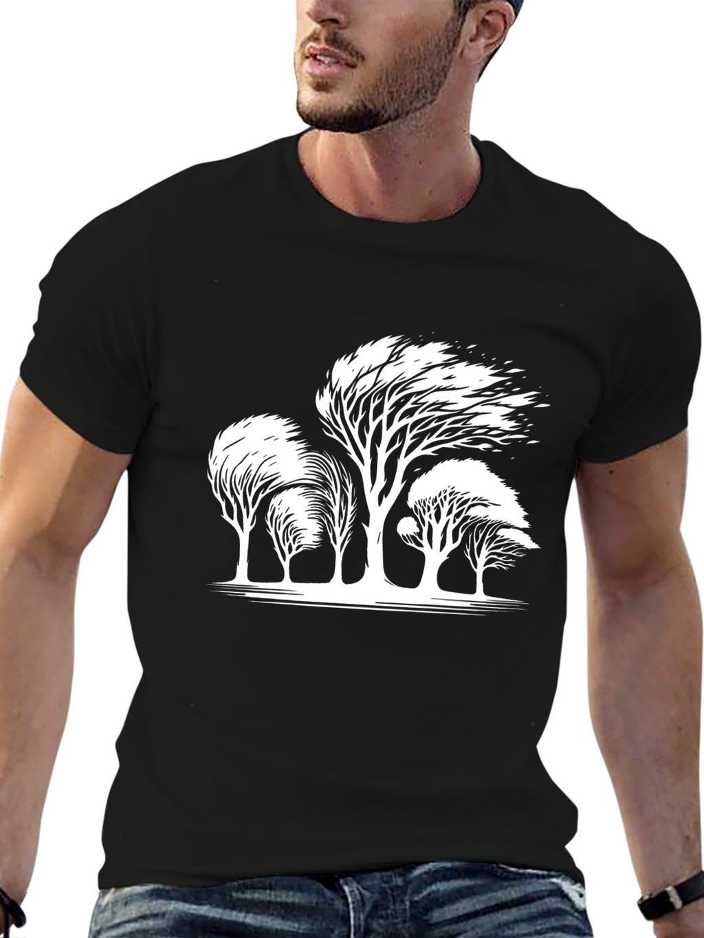 Windblown Trees Graphic Tee - Black Cotton Blend