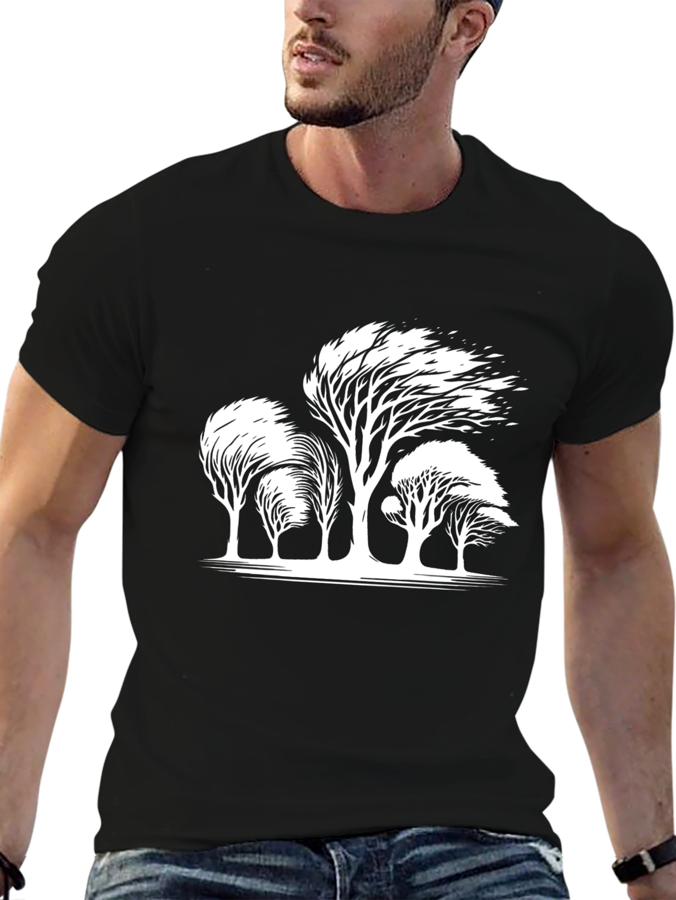 Windblown Trees Graphic Tee - Black Cotton Blend