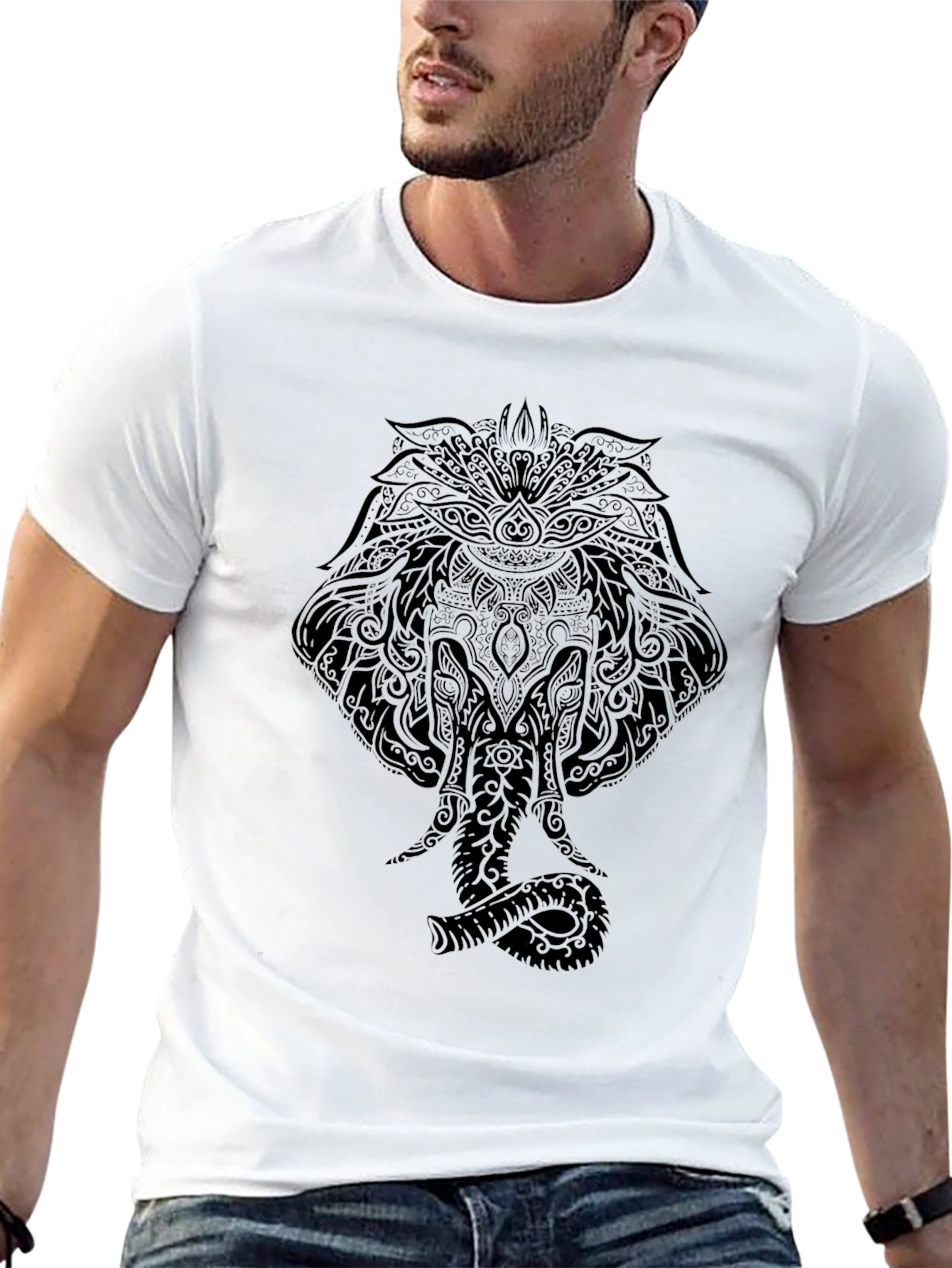 Mens Black Elephant Mandala Graphic Tee