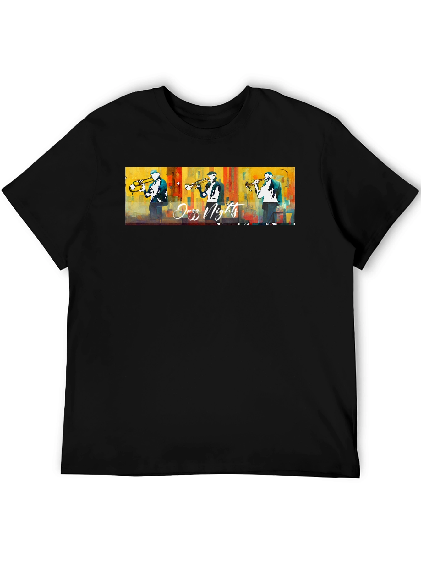 Jazz Nights Trumpet Player Graphic Black T-Shirt