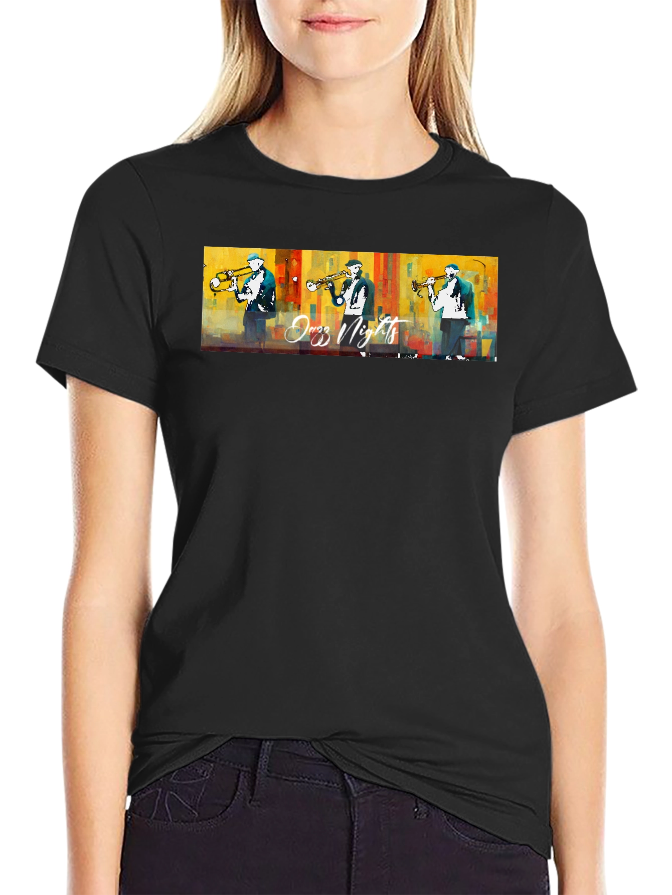 Jazz Nights Trumpet Player Graphic Black T-Shirt