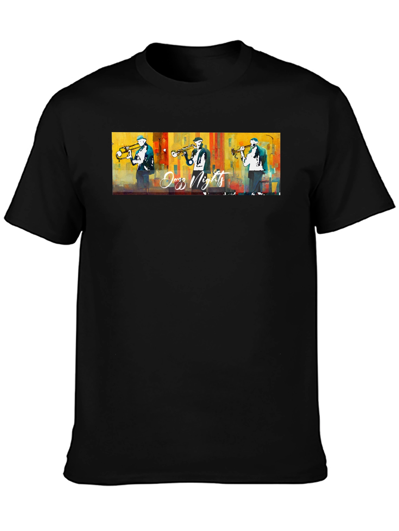 Jazz Nights Trumpet Player Graphic Black T-Shirt