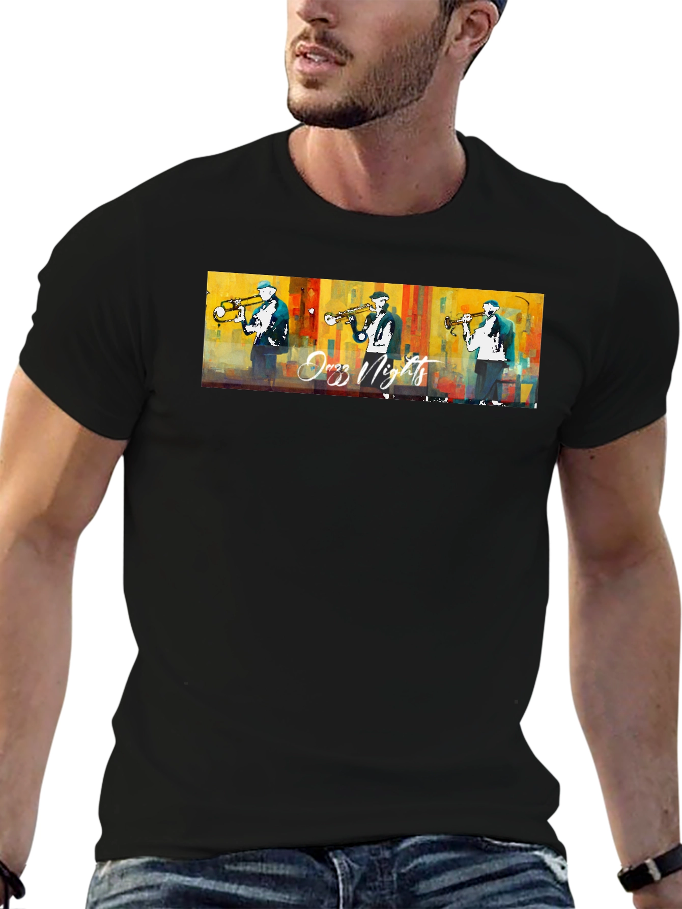 Jazz Nights Trumpet Player Graphic Black T-Shirt